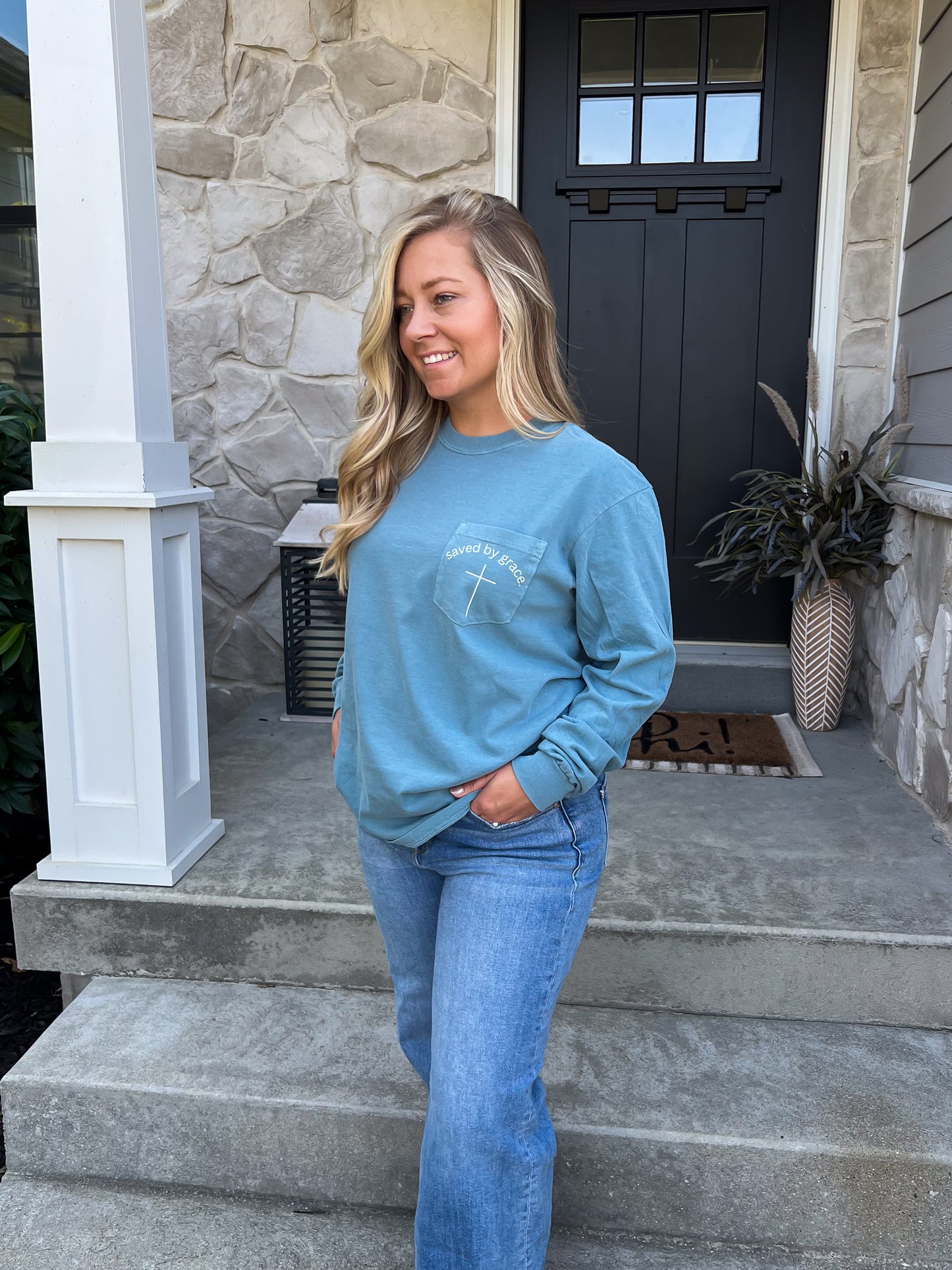 Saved By Grace Long Sleeve Pocket Tee