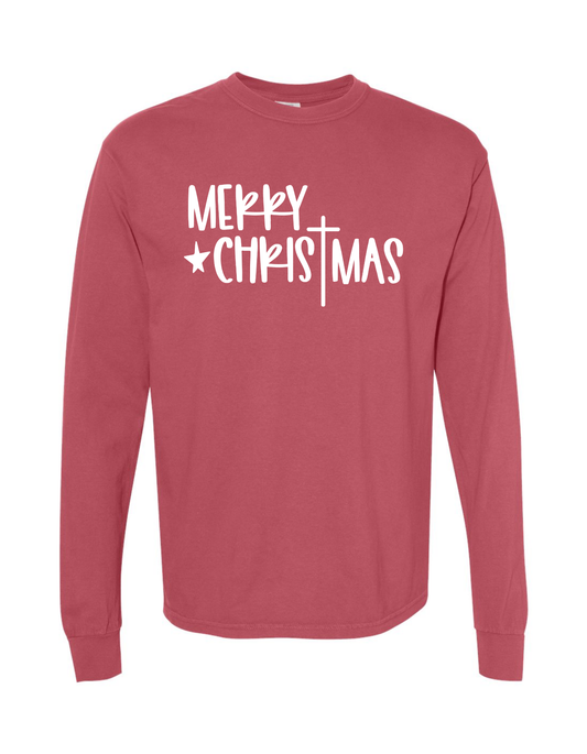 Merry Christmas Long Sleeve Comfort Color Tee (Crimson)