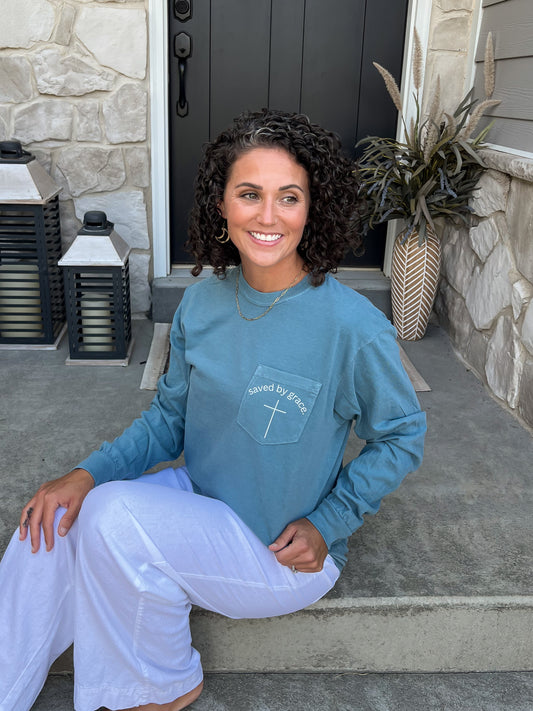 Saved By Grace Long Sleeve Pocket Tee