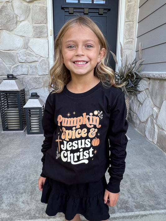 Kids Pumpkin Spice & Jesus Christ long sleeve tee