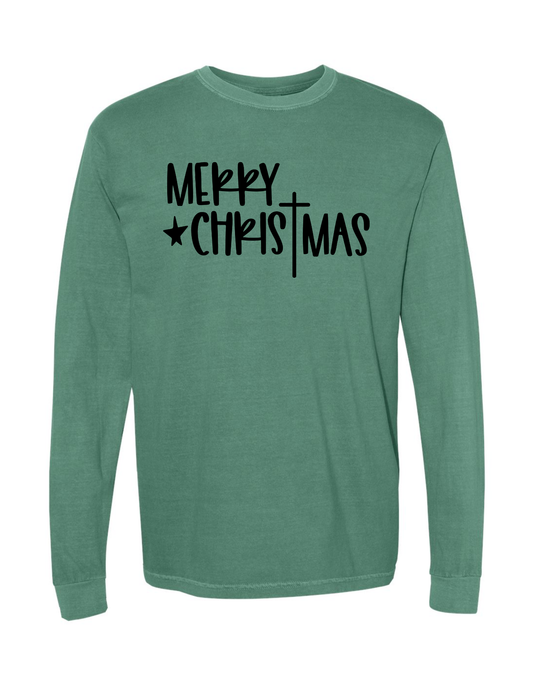 Merry Christmas Long Sleeve Comfort Color Tee (Light Green)